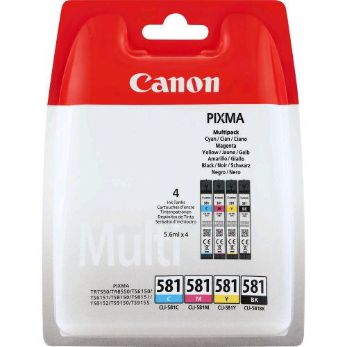 CANON CLI-581 BK/C/M/Y MULTI PACK CONFEZIONE DA 4 INK 5.6 ML NERO GIALLO CIANO MAGENTA PER PIXMA TS6251, TS6350, TS6351, TS705, TS8251 BLISTER CON ALLARME